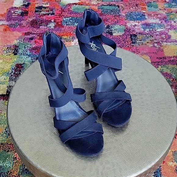 Navy blue suede strappy heels with zipper back, size 9 - Picture 4 of 14